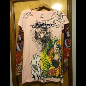 Ed Hardy rhinestone mermaid shirt w/tattoo sleeves